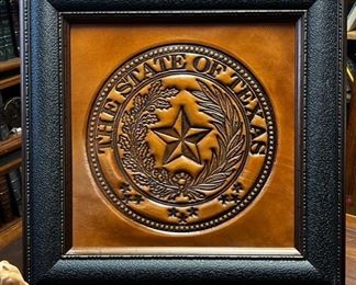 Leather Embossed Seal of State of Texas. Framed, 22" x 22". 