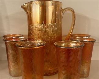 Set of 7 Imperial glass Marigold tree bark carnival glass. Pitcher & 6 tumblers 
