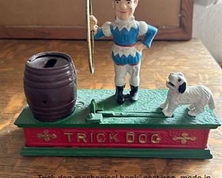 Trick dog mechanical bank, cast iron, made in Taiwan