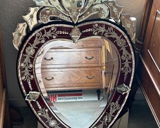 Vintage Italian Venetian floral etched cut glass heart shaped mirror