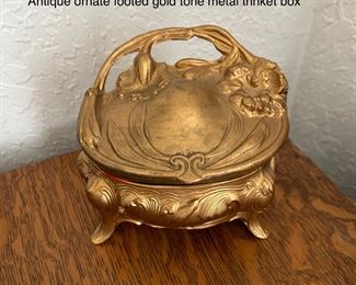 Antique ornate footed gold-tone metal trinket box