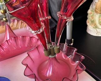19th century hand blown glass cranberry epergne