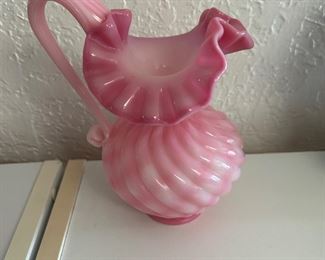 Fenton art glass Rosalene pitcher optic swirl