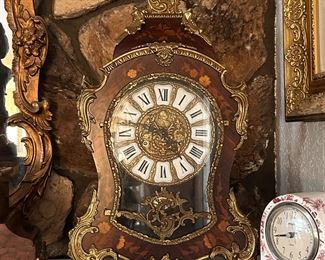 Vintage Rococo style brass/burl wood veneered clock