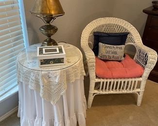 Wicker Chair, Lamp, Round Table