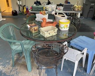 Iron and Glass Table with 2 Chairs, Plastic Chairs, Kids table and chairs, Pots