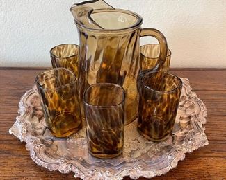 Pitcher, Leopard print Glasses, Silver Plate Tray