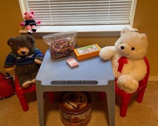 Child's Table and Chairs, Stuffed Bears, Crayons