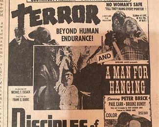 Disciples of Death movie newspaper ad, movie produced by Michael Cusack. 