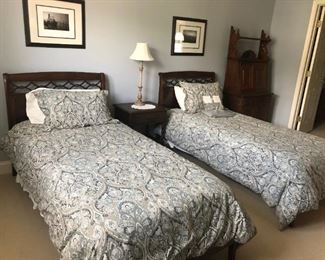 Vintage Twin Beds, Side Table, Pictures, Lamp, Pottery Barn Linens