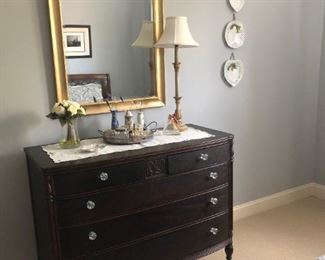 Antique Dresser w/ Glass Knobs, Mirror, Lamp, Artificial Flowers