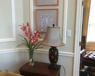 Drop Leaf Side Table, Lamp, Artificial Flowers, 1980's Paper Art