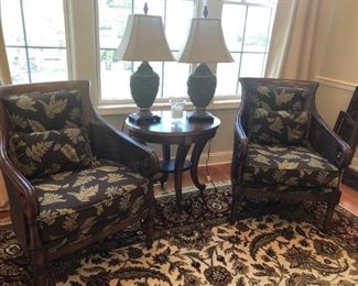 Pair of Upholstered Lounge Chairs w/ Caned Sides, Accent Table, Pair of Lamps