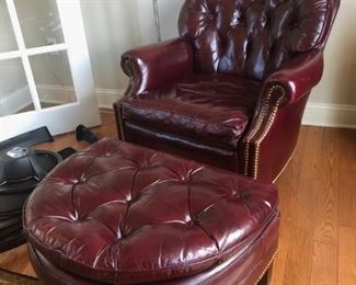 Hancock & Moore Leather Tufted Club Chair & Ottoman w/ Nailhead Trim