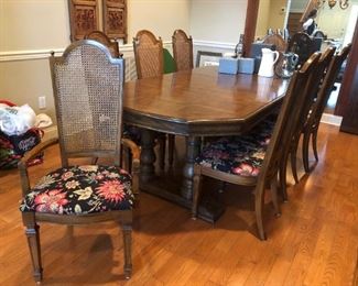 Dining Table w/ 1 Leave & 8 Caned Back Chairs
