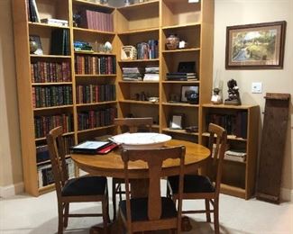 Vintage Oak Pedestal Table w/ 1 Leave & 4 T-Back Chairs, Book Shelves, Books, German Steins