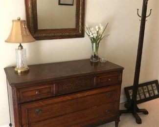 Vintage Dresser, Waterford Lamp, Antique Carved Mirror,  Old Oak Coat Stand