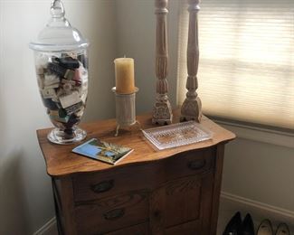 Antique Oak Washstand, Candle Holders, Glass Jar Filled w/ Soaps