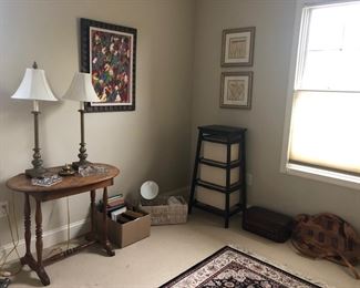 Pair of Lamps, Antique Table, Haitian Painting - Renold Marcelin, Stacked Storage Baskets, Jewelry Box