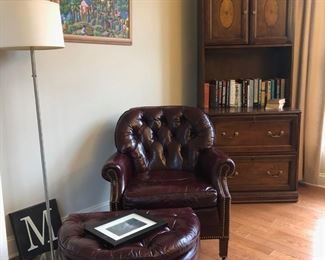 Hancock & Moore Leather Tufted Club Chair & Ottoman w/ Nailhead Trim, Inlaid Bookshelf Cabinet, Floor Lamp, Books