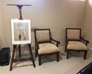 Antique Worm Wood Adjustable Easel, Pair of Upholstered Arm Chairs