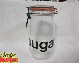 MCM Triomphe France Typographic Sugar Clear Glass Bale Wire Locking Canister