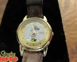 Rare Disney Lorus Minnie Mouse Vintage Quartz Brown Leather Band Watch