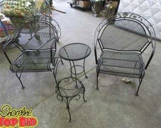 Set of Wrought Iron Chairs, Table and Plant Stand
