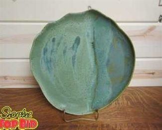 Signed Decorative Pottery Plate With Display Stand