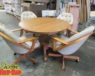 Solid Oak Dining Table with Leaf and 4 Chairs with Wheels