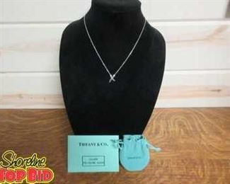 Tiffany Co. Womens Cross Ribbon Silver Necklace Pendant with Chain