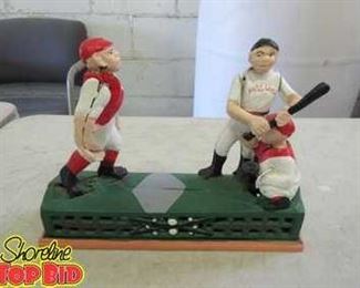 Vintage Cast Iron Mechanical Bank Baseball Hometown Pitcher Batter