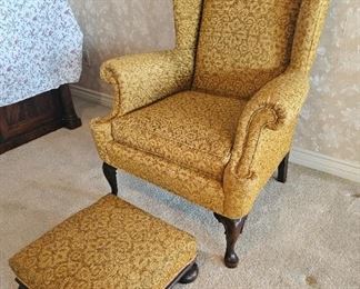 
6.  $200.00. Wing back Queen Anne style chair with ottoman.  Acceptable wear to fabric for its age and priced accordingly.  42" x 33" x 33" ottoman 8" x 18" x 18" l
