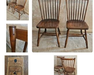 17.  $100.00.  Leopold  Stickley cherry spindle back pair chairs.  Wooden pins 36" x 16.5" x 18" 