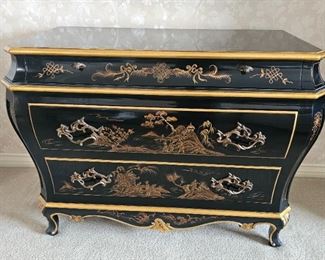 24.  $600.00. Black lacquered Chinoiserie Bombe chest. Brand:  Karges.  36x