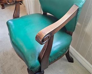 34.  $50.00  client office chair.  Brand: CjsorZoak.  Vinyl.  Ball and claw leg.  30" x 24.5 x 22"   