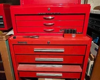 Mac Tools tool chest on top and Kennedy tool chest on bottom, priced separately