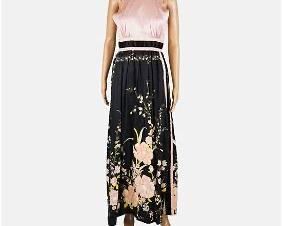 MOD FLORAL Vintage Pink & Black Embroidered & Quilted Floral Mock Neck Statement Dress