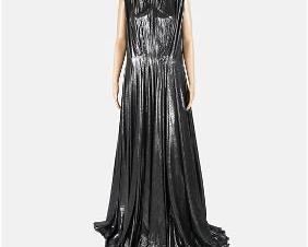 TALBOT RUNHOF Metallic Chrome Flowy Evening Gown Size 8