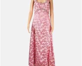 PINK METALLIC DRESS Flower Embroidered Long Statement Dress
