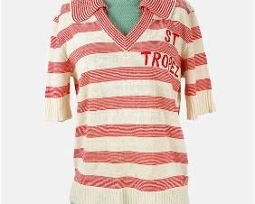 ST. TROPEZ Vintage Knit Embroidered Striped Red & White Collared Shirt