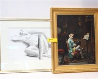 2PC Nude Pencil Drawing & Musician Painting