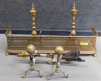 2 Pr. Andirons, tools, brass fender