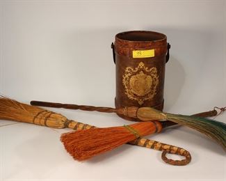Fire bucket, 3 brooms