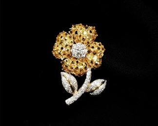 12: 18K Gold Yellow Sapphire & Diamond Flower Brooch