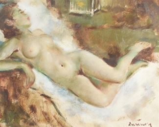 79: Illegibly Signed Lounging Female Nude Painting