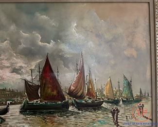 ANTONIO DEVITY (1901-1993) Signed Original Oil on Canvas - Sailboat Harbor Scene