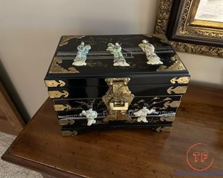 Chinese Black Lacquer With Mother of Pearl and Brass Accents Jewelry Box