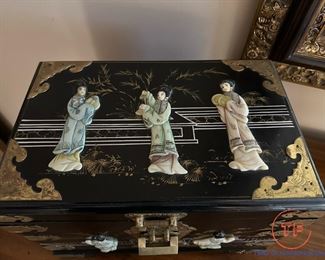 Chinese Black Lacquer With Mother of Pearl and Brass Accents Jewelry Box