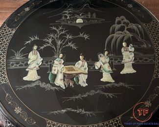Chinese Black Lacquer Chinoiserie Coffee Table with Nesting Stools